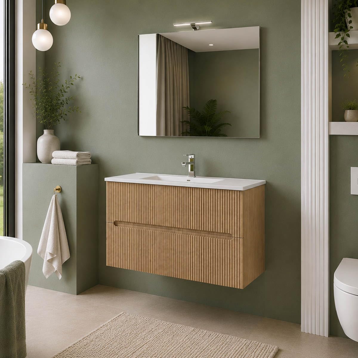 Yellowshop | Mobile Bagno Sospeso FLY 100 cm - 2 Cassetti con Lavabo Ceramica, Finitura Cannettata, Chiusura Soft-Close Rovere Tabacco (Mobile con lavabo)