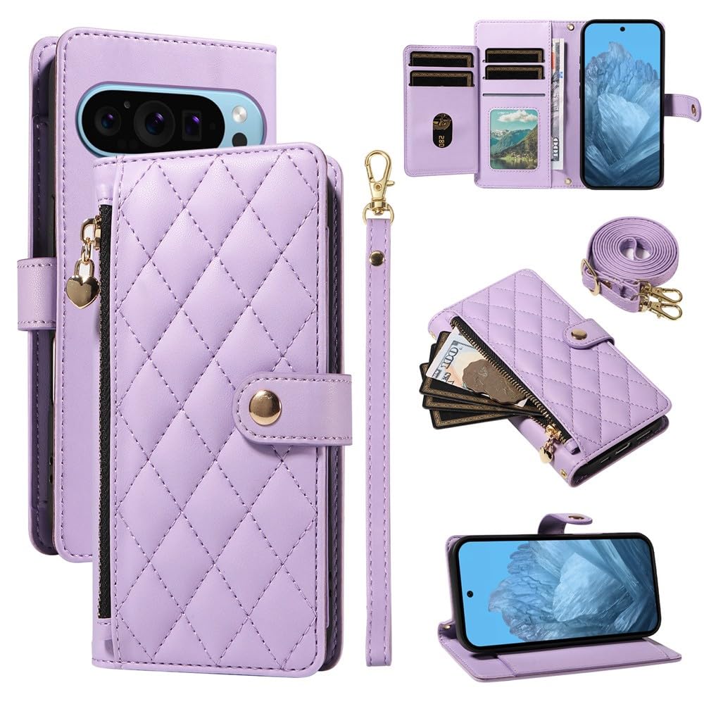 Coque portefeuille Pixel 8 en cuir violet luxe avec fermeture zippée chic - 8