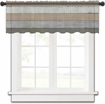 Beige Grey Ombre Sheer Valance, 54"x18" Light Filtering Kitchen Curtain Valances, Brown Farmhouse Retro Wooden Striped Chiffon Rod Pocket Living Room/Bedroom/Cafe Curtains