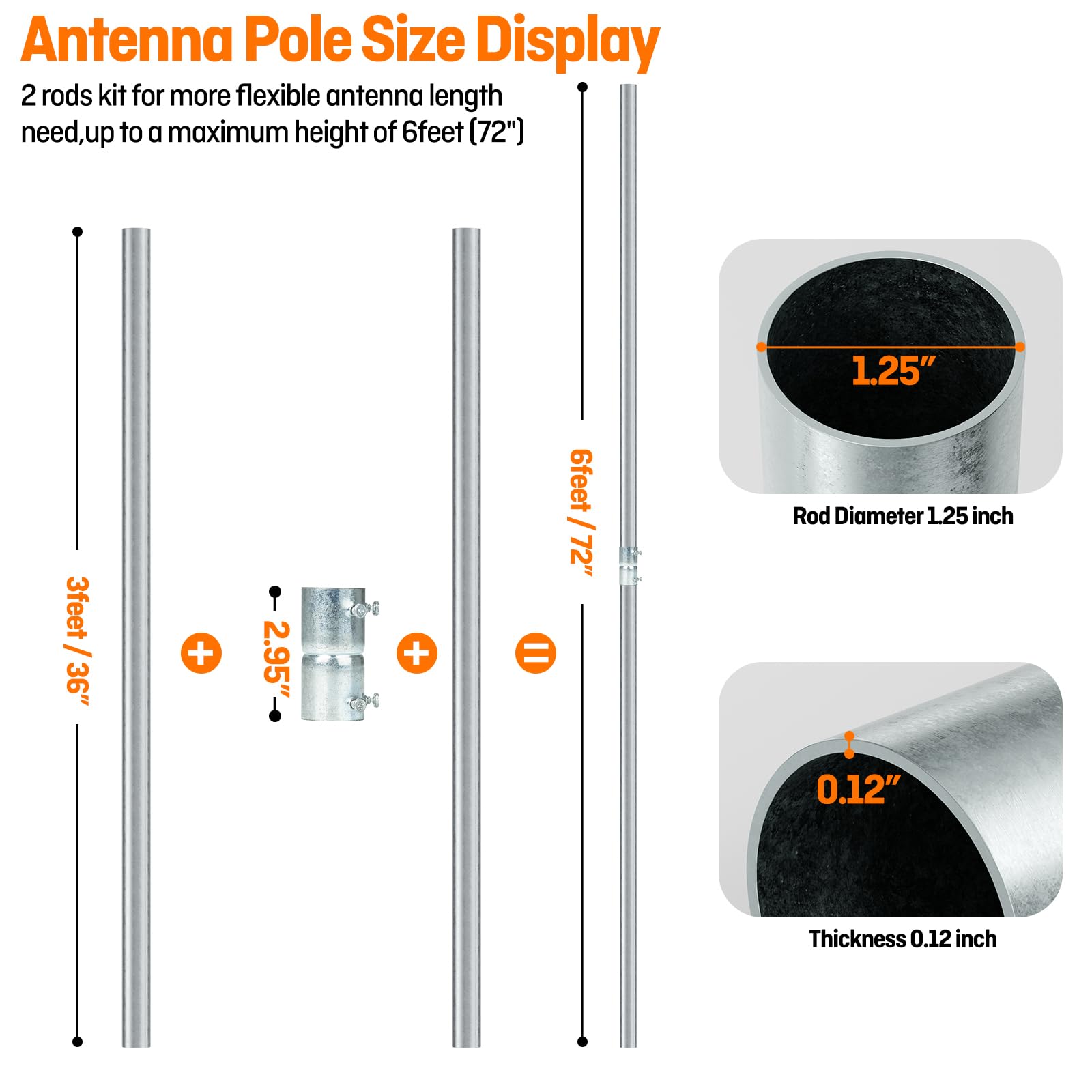 Lot de 2 rallonges de mât d'antenne de 0,9 m avec coupleur, diamètre extérieur 3,2 cm | Assemblage de 1,8 m, en acier galvanisé robuste, pour amplificateur de signal de station météo