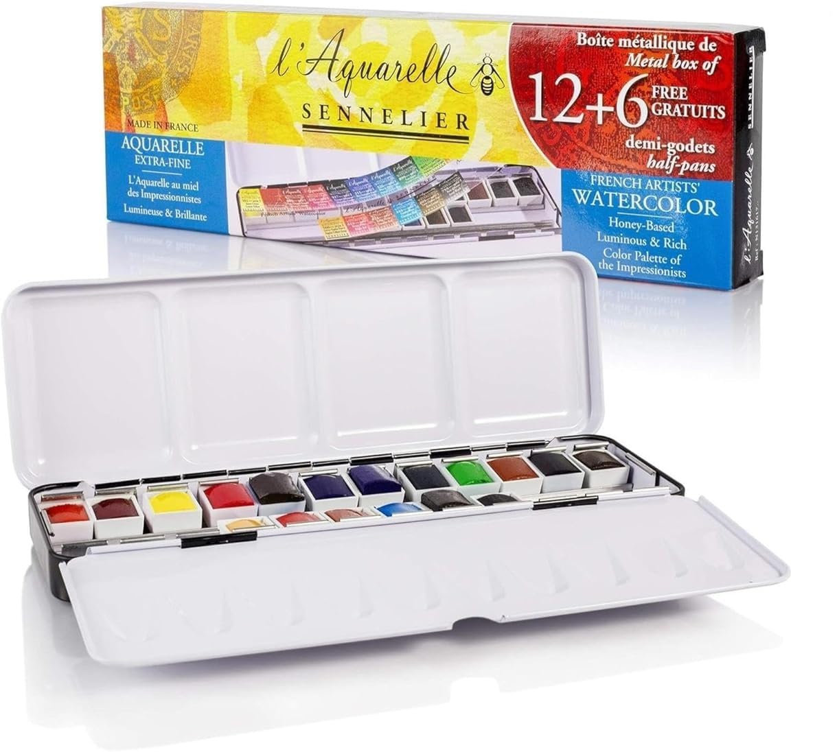 Sennelier Aquarellfarben-Set, 18 halbe Näpfchen Extra-Fein, Metalldose mit 1 Karte und 1 Gratis-Pinsel