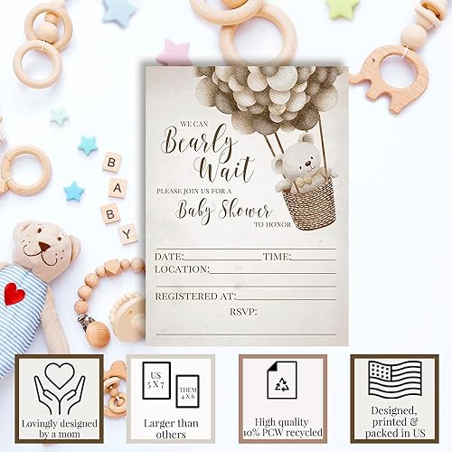 Miniatura 3 de Amanda Creation Lindo globo de oso de peluche, invitaciones para baby shower, 20 tarjetas de relleno de 5 x 7 pulgadas con veinte sobres blancos
