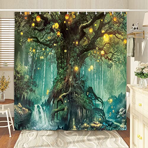 Forest Fairy Tales Shower Curtain, Lanterns And Waterfalls Under Fantasy Large Tree Bohemian, Waterproof Fabric Bathroom Decor, 69X70In Bath Curtains Accessories With 12Pcs Hooks #TOP4