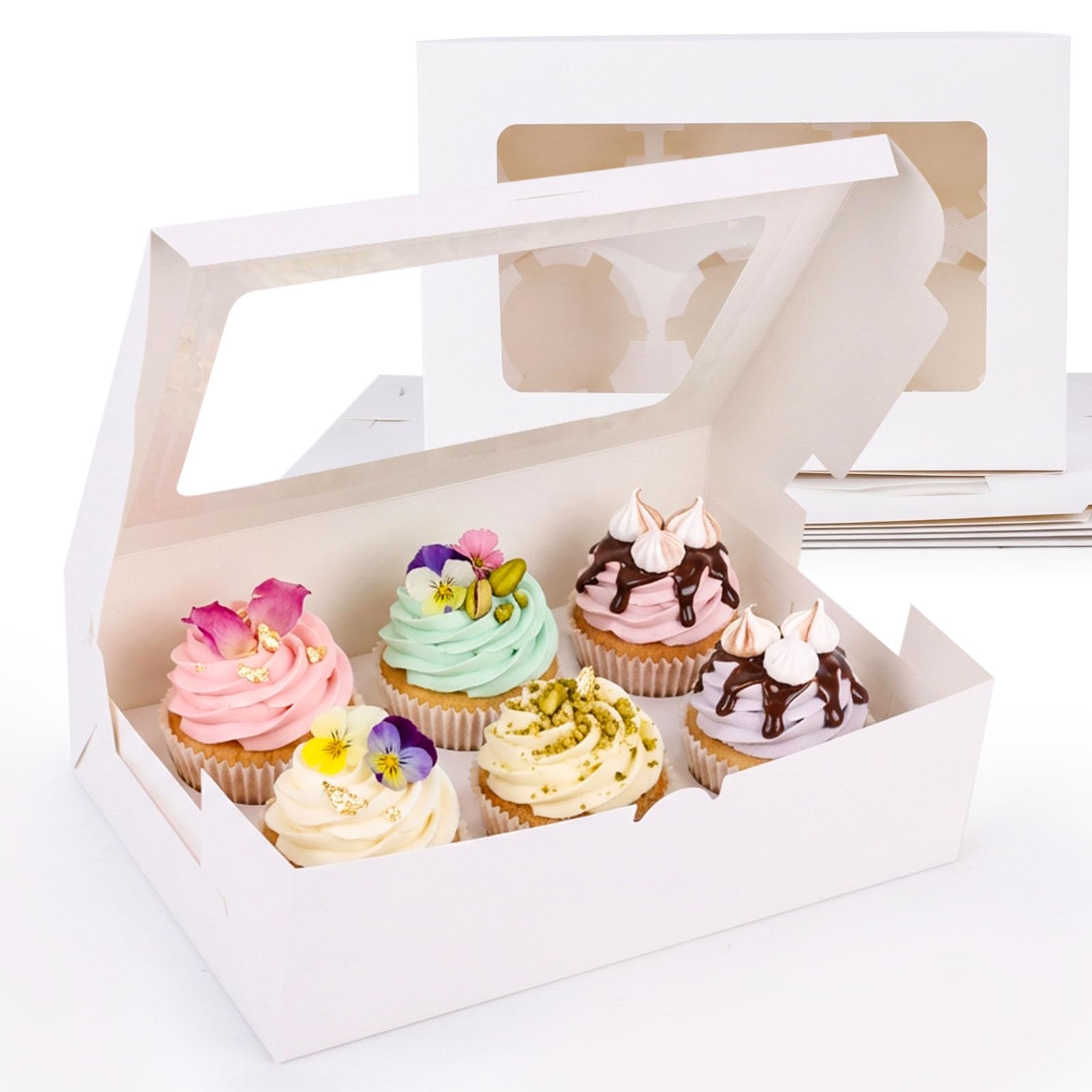 HONEYGIFTS 6 contenitori bianchi per cupcake, 6 pezzi, con finestra, per contenere 36 scatole da pasticceria, per compleanni, feste, prodotti da forno