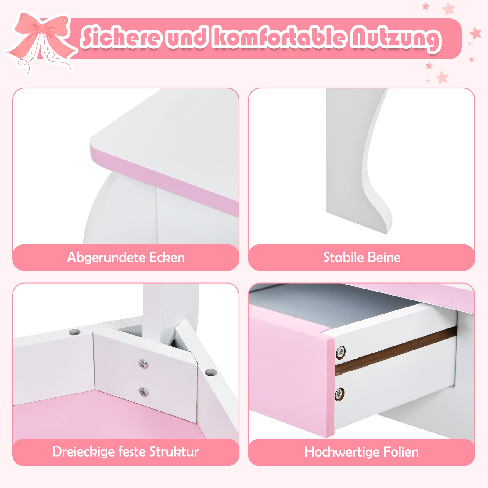 GOPLUS Schminktisch Kinder, Frisiertisch mit Hocker & abnehmbarem Spiegel & Schublade, Kosmetiktisch mit Haarband & Haarspange, Schminktisch Einhorn aus Holz für Mädchen ab 3 Jahren (Weiß)