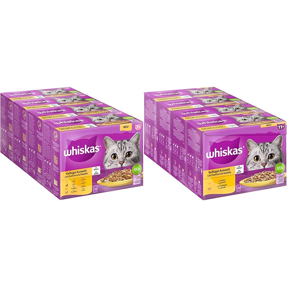 Whiskas 7+ Katzenfutter Geflügel Auswahl in Gelee & Senior 11+ Katzennassfutter Geflügel Auswahl in Gelee