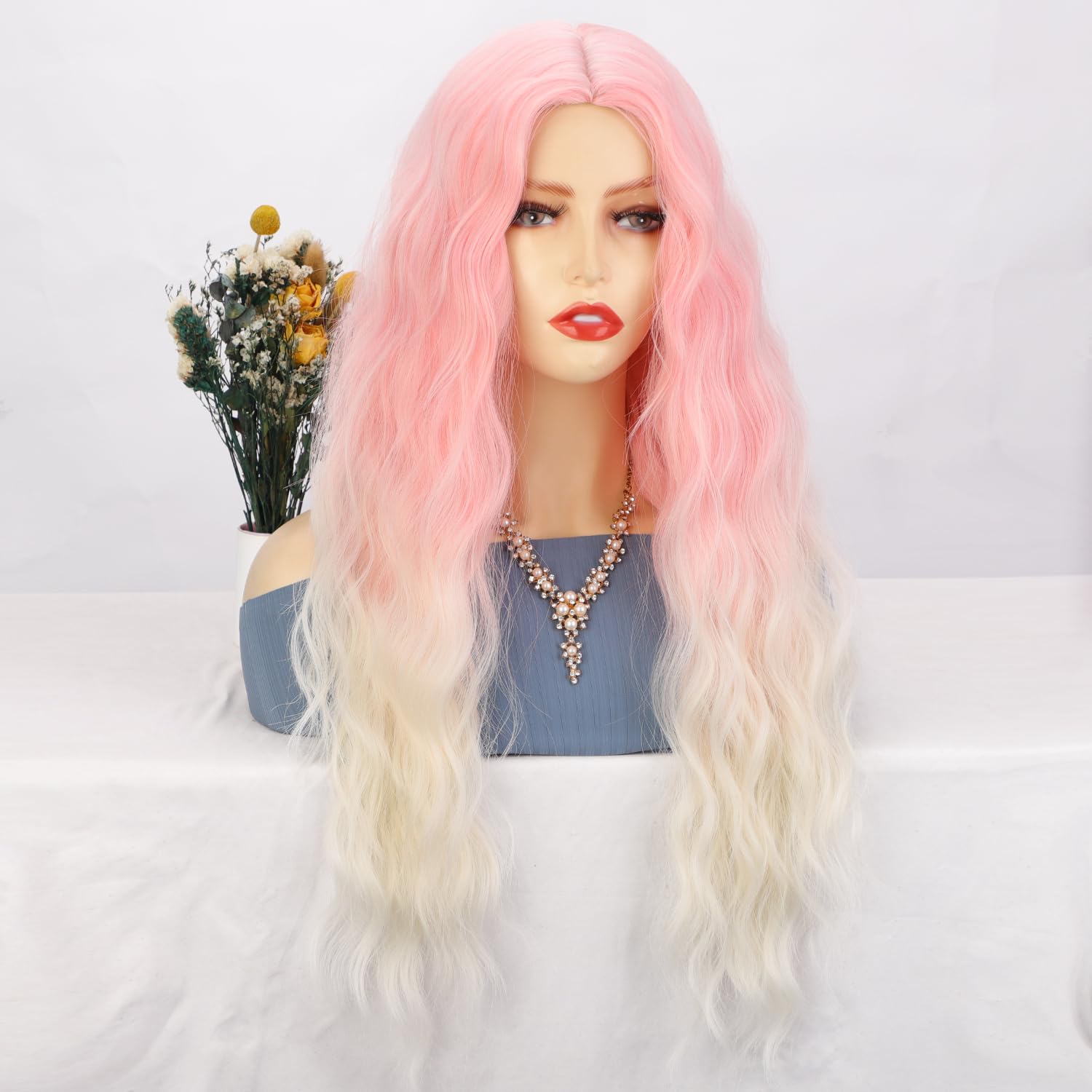 incohair Pink Ombre Wigs 27 inches Long Curly Wavy Wig for Women Pink to White Curly Hair Wigs Middle Parting Heat Resistant Synthetic Fiber Wigs for Daily Party Use Wig Cap Included (Pink to White)