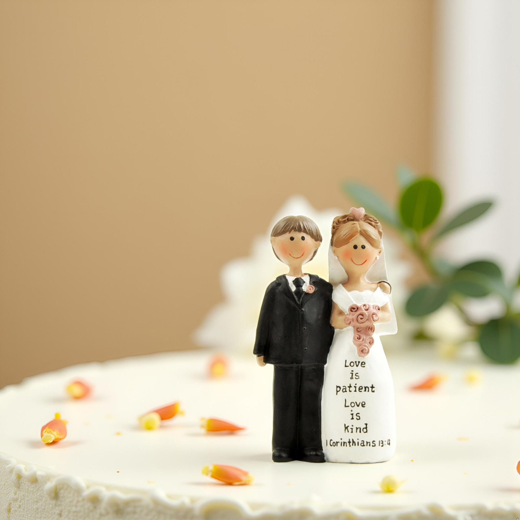 Bride and Groom Wedding Cake Topper, Resin Figurine with “Love is Patient, Love is Kind” Bible Verse, Vintage Cake Decoration - Image 3