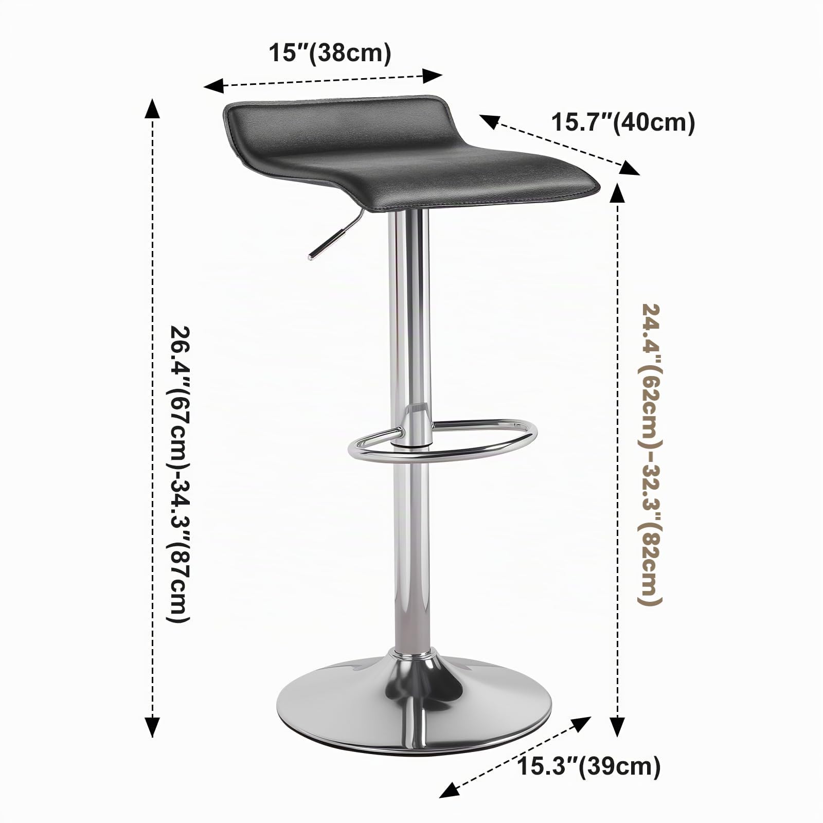 Panana Lot de 2 Tabourets de Bar, Chaises Haut, Hauteur Réglable, Revêtement en PU, Rotatif sur 360°, avec Dossier et Repose-Pieds, Pied Chromé, 39 cm (L) x 40 cm (l) x 67-87 cm (H) (Noir)