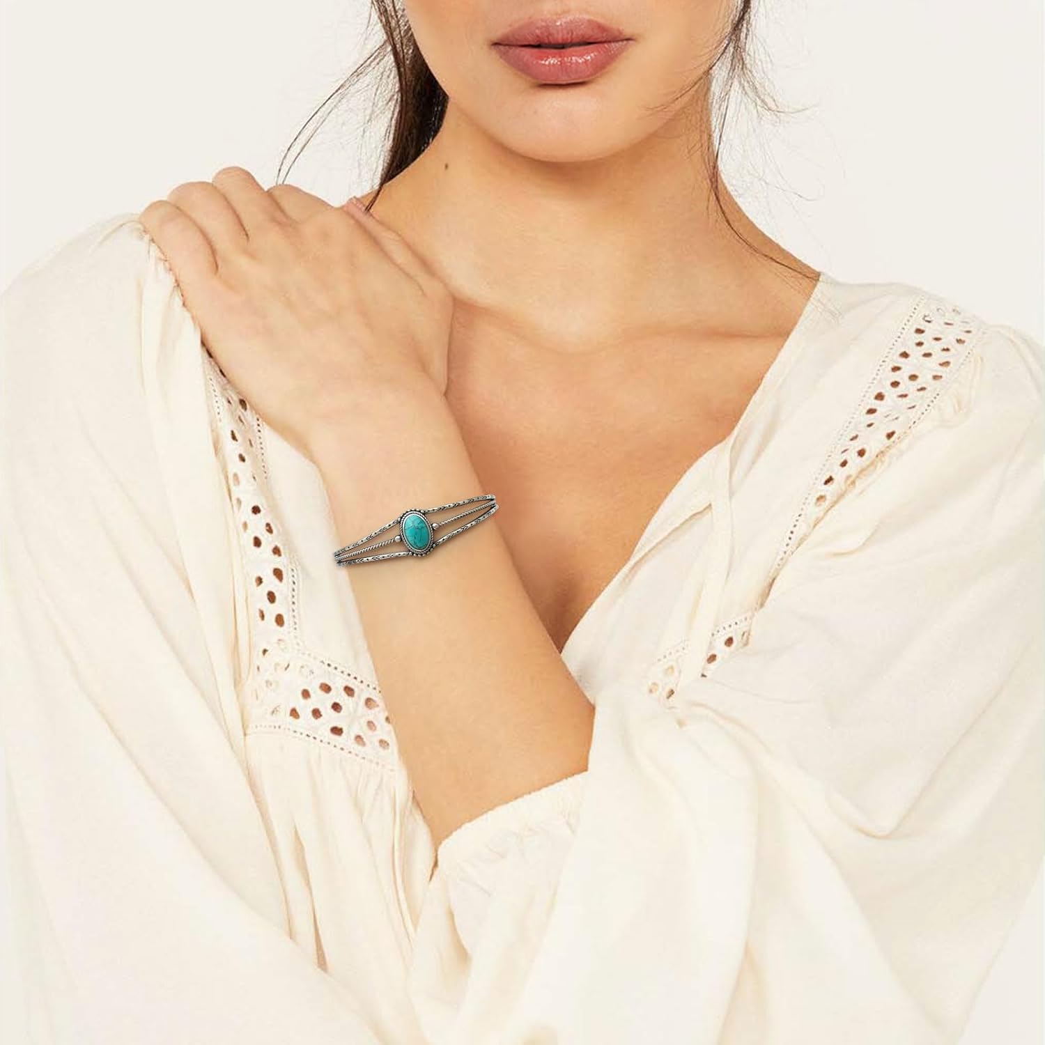 13x8MM Genuine Turquoise Cuff Bracelet for Women 925 Sterling Silver Native American Turquoise Bangle Adjustable Boho Jewelry for Her Wife Mom - Image 3