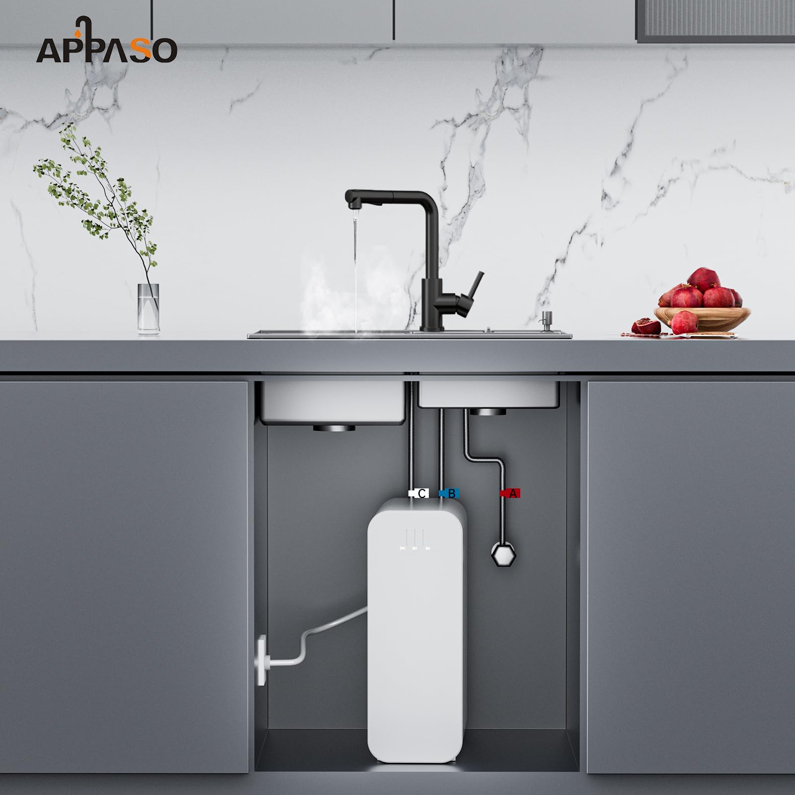 APPASO Niederdruck Armatur Küche Schwarz, Wasserhahn Küche 3 Anschlüsse, Niederdruck Küchenarmatur, Spültischarmatur Niederdruck mit 2 Strahlarten, Mischbatterie für Boiler Edelstahl Schwarz
