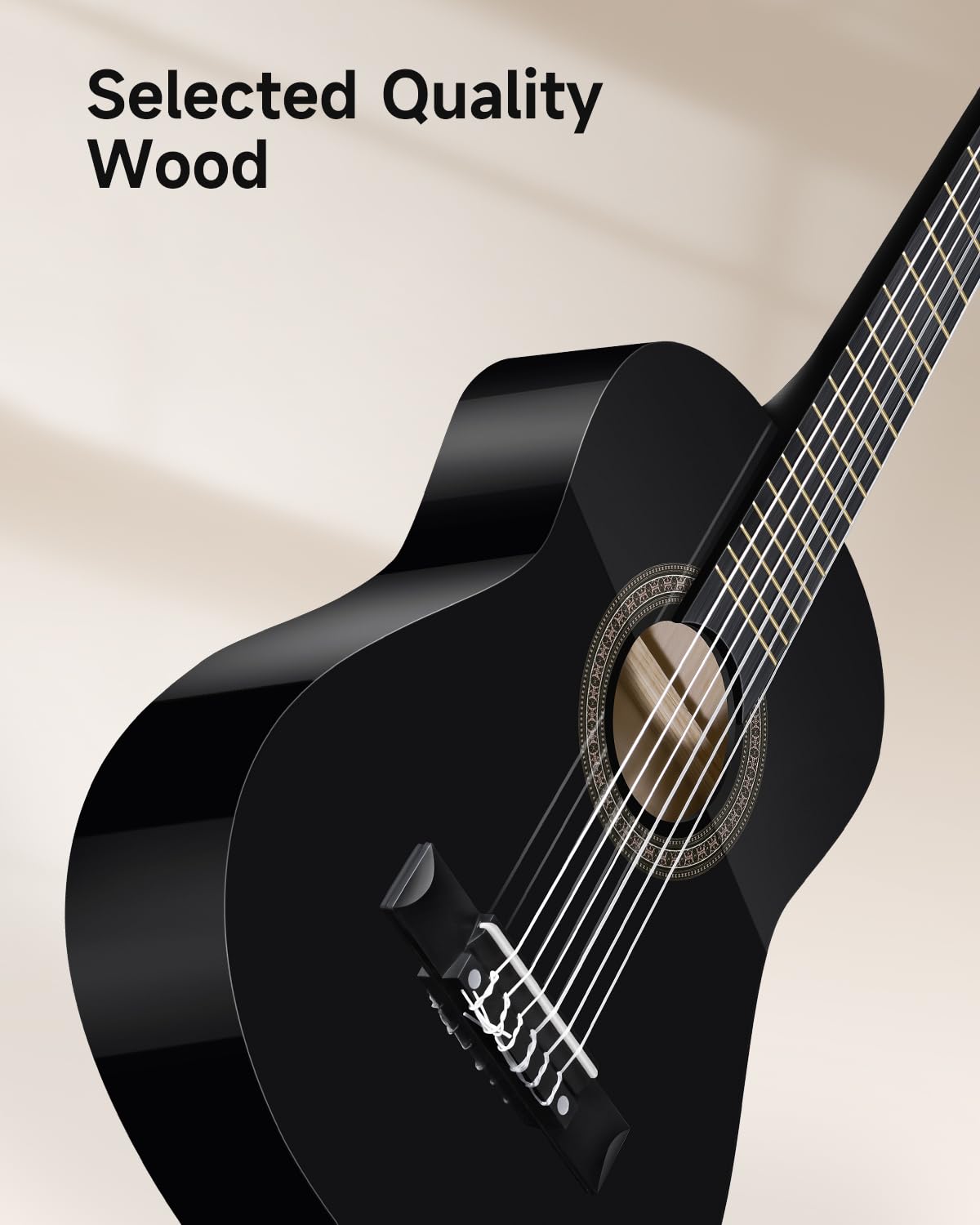 Guitarra acústica de 30 pulgadas para principiantes, niños y niñas de 1/4 tamaño junior, cuerda de nailon, guitarra clásica acústica con póster de acordes, bolsa de concierto, afinador, púas, cuerdas de nailon, cejilla, tela, correa, color negro 5