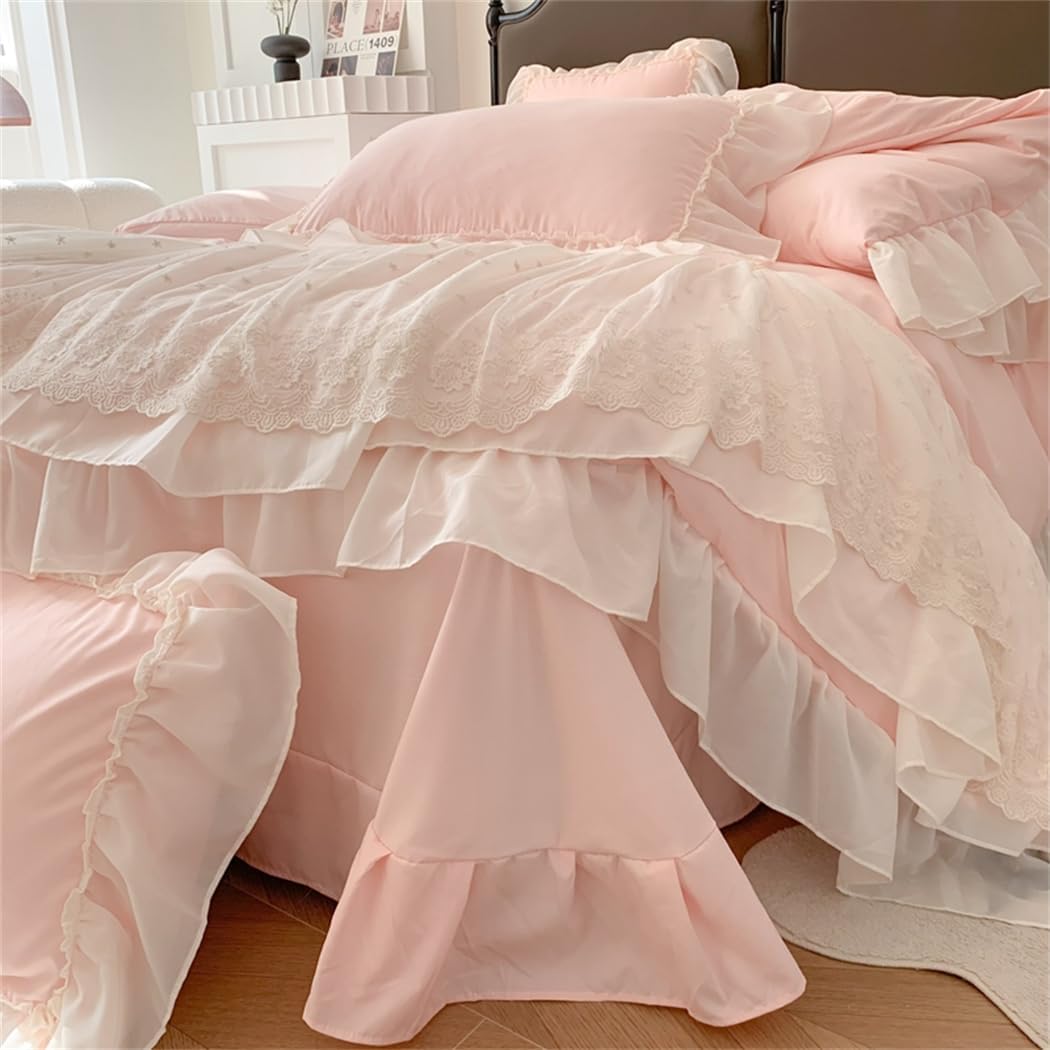 IHOUSTRIY Lace Duvet Cover Queen Size, Chiffon Ruffled Beddding Set with Flower, 3 Pieces Comforter Cover Set with Zipper Closure, Girl Princess Bedding with Pillowcase - Pink, Queen