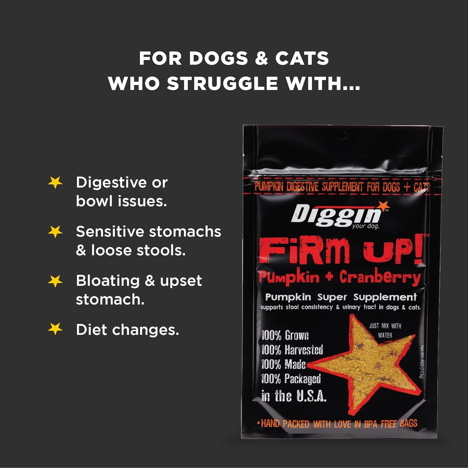 Diggin' Your Dog Firm Up Cranberry, Probióticos y Prebióticos para Perros y Gatos, Digestivo Rico en Fibra, Ayuda con Diarrea y Protege Flora Intestinal, Bolsa de 113 gr.