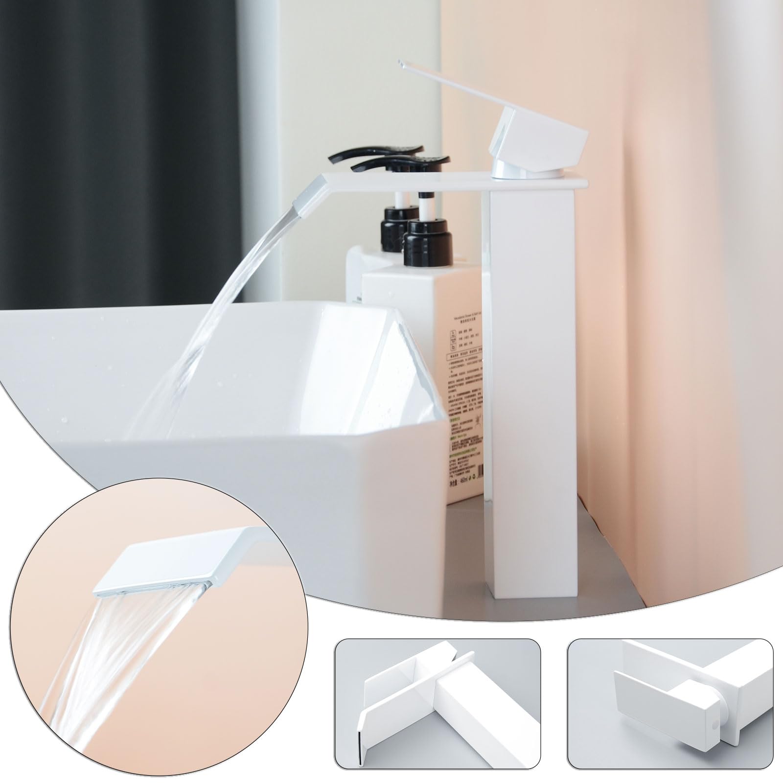 PHASAT Grifo de Baño Alto Cascada Grifo de Lavabo con Caño de 205mm de Altura, Mezclador Monomando Lavabo PTMP19W