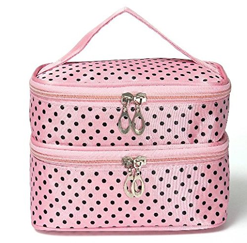 Estuche de maquillaje con diseño de lunares para mujer, doble capa, bolsa para guardar productos cosméticos, neceser