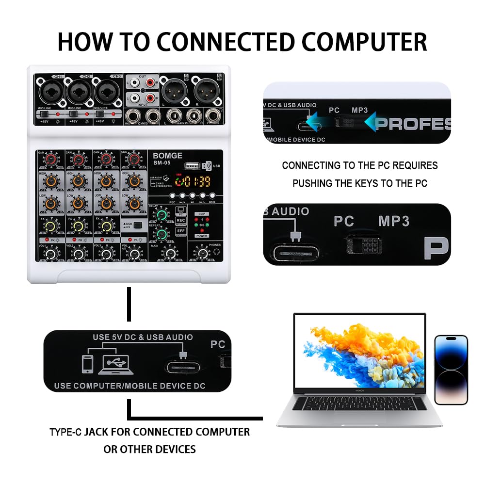 BOMGE Mikser audio, konsola miksująca z 5-kanałowym cyfrowym efektem opóźnienia echa, USB, Bluetooth, 48 V, Phantom Power, stereo, DJ mikser do nagrywania, transmisji na żywo, podcastów (BM-05-W)