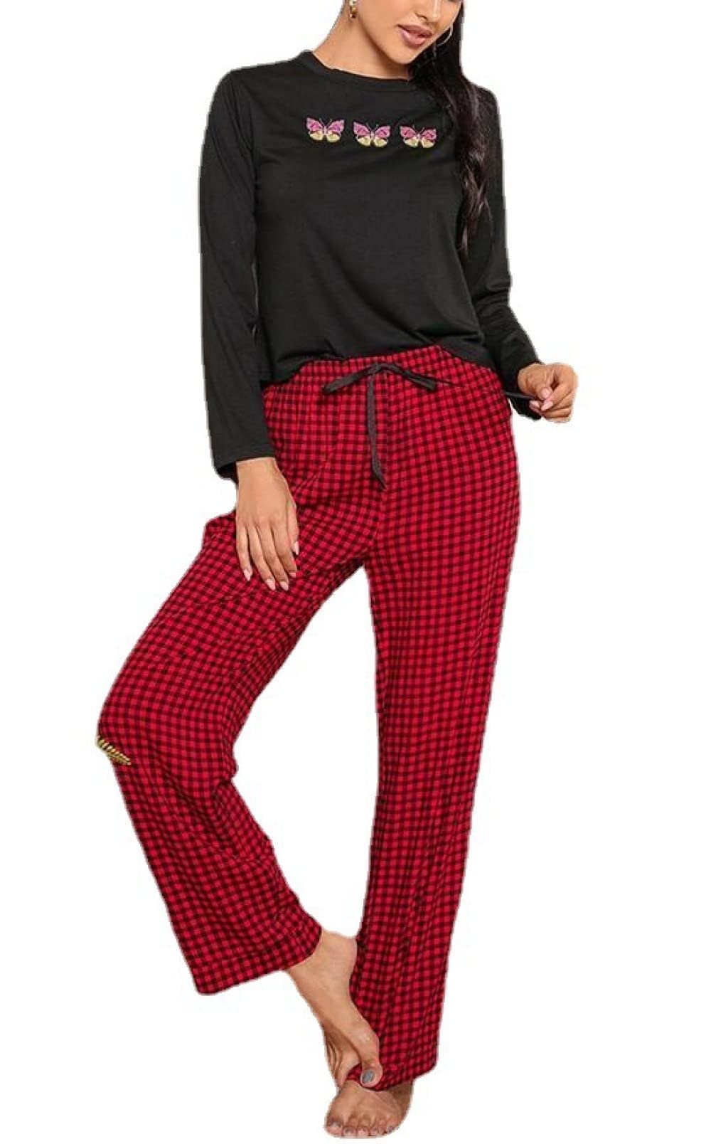 Ensembles De Pyjama Femme,Noir Col Rond Coloré Papillon Polyester À Manches Longues Ensemble De Vêtements De Nuit Femmes Deux Pièces Pyjama Doux Loungewear Cadeau pour Femme Petite Amie Maman F
