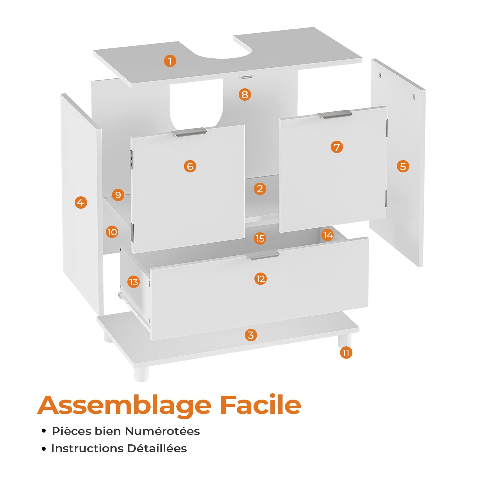 Waschbeckenunterschrank, Badezimmerschrank mit 2 Türen, große Schublade, viel Stauraum, Badezimmer Unterschrank Waschtischunterschrank Badschrank weiß,30 x 60 x 60 cm