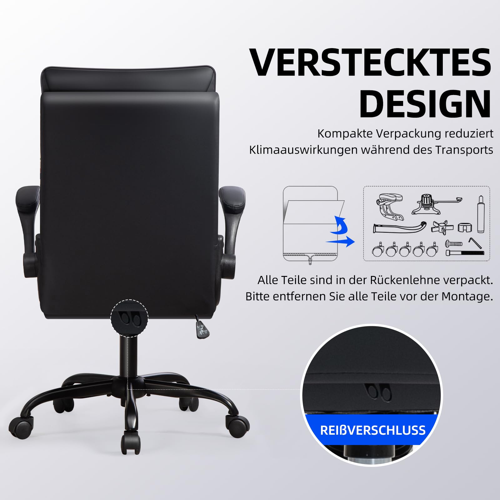 Bürostuhl Ergonomisch [TESTSIEGER] Schreibtischstuhl | Kratzfeste Leder | Hochklappbare Armlehne & Hohe Rückenlehne | Höhenverstellbar & Wippfunktion | Chefsessel 150 kg, Schwarz