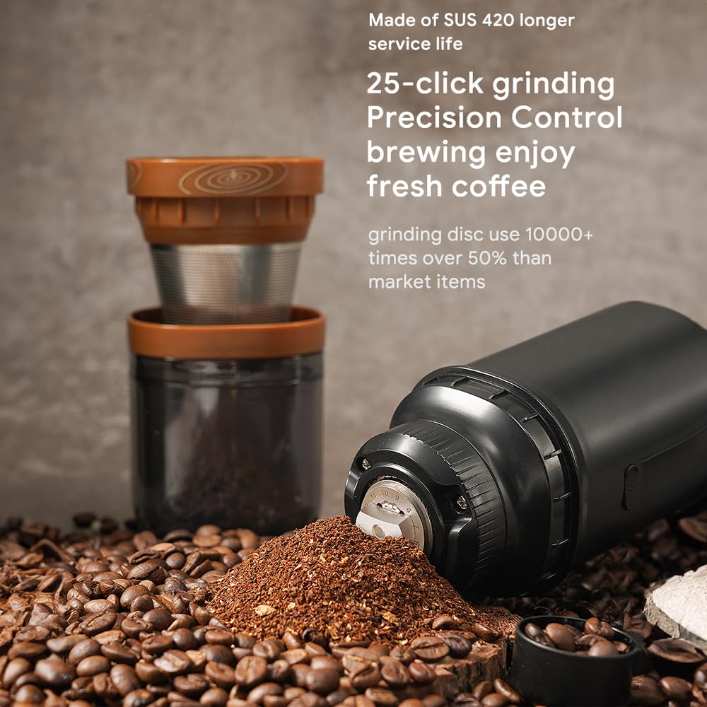 Molinillo eléctrico Molinillo de café eléctrico, 25 velocidades, ajustable, 24 W, portátil, recargable por USB, molinillo de granos de café con núcleo de acero inoxidable, cepillo de limpieza pa
