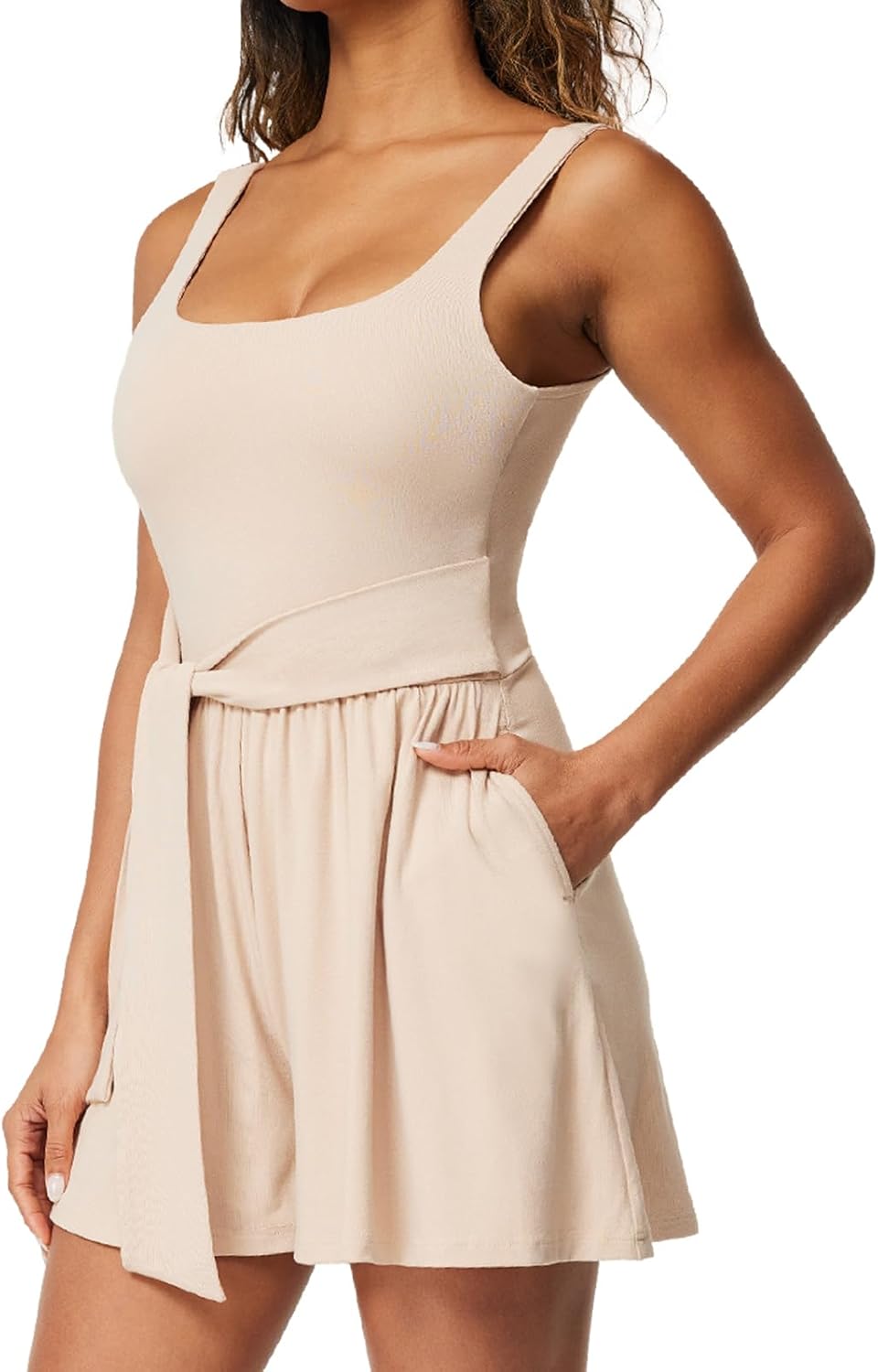 Casei Womens Sleeveles Jumpsuits Workout Sets Yoga Romper for Women Square Neck Top Bodycon One Piece Stretchy Sexy Unitard Oatmeal Medium