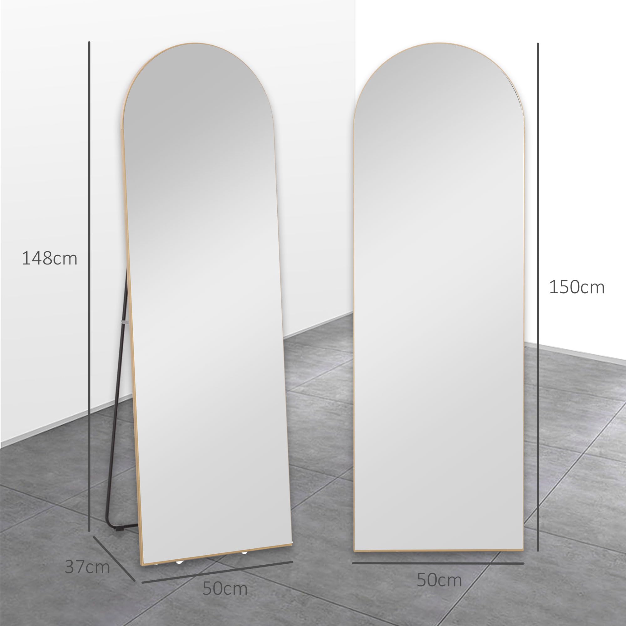 HOMCOM Espejo de Cuerpo Entero, 150x50 cm, Espejo de Pie Arqueado, Sin Marco, Independiente, Apoyado y de Pared, para Dormitorio, Salón, Dorado