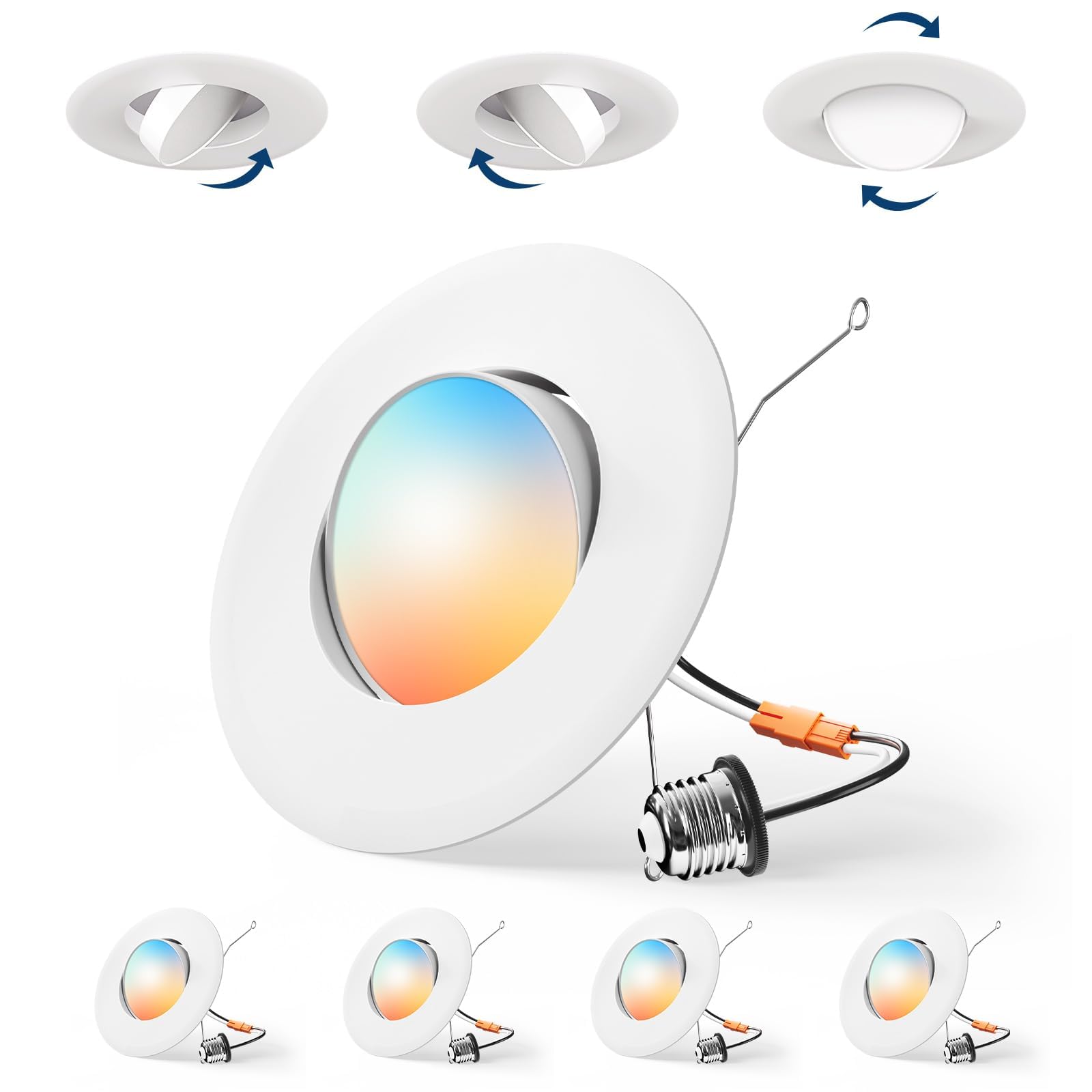 Amico 4 Pack 6 Inch Retrofit Eyeball Gimbal Can Lights, Adjustable Eyeball Directional 5CCT LED Recessed Lights, Dimmable, 2700K/3000K/3500K/4000K/5000K Selectable, 7W 650LM, ETL&FCC