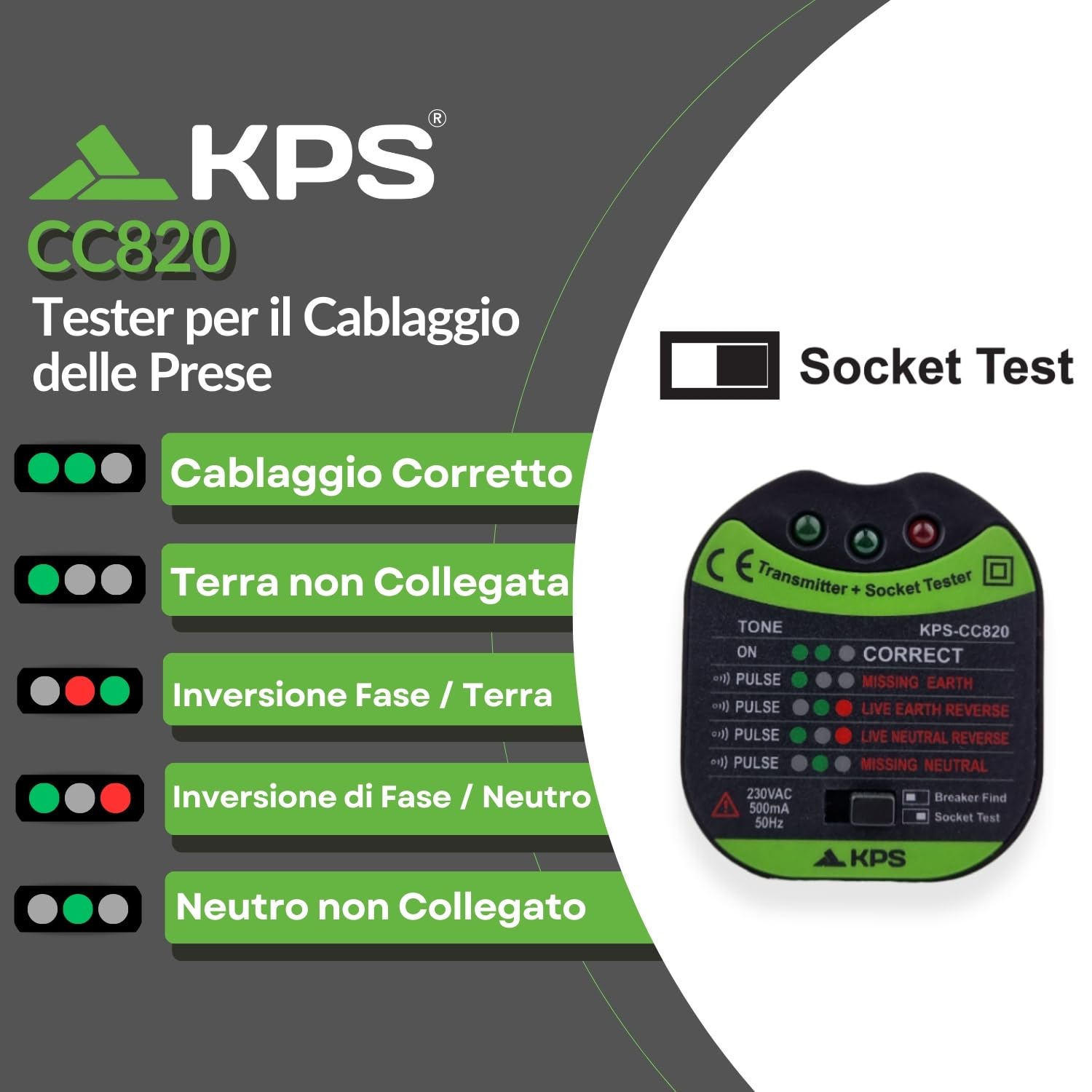 KPS-CC820 Tester di Prese e Localizzatori di Interruttori senza dover togliere l'Alimentazione a un Circuito.