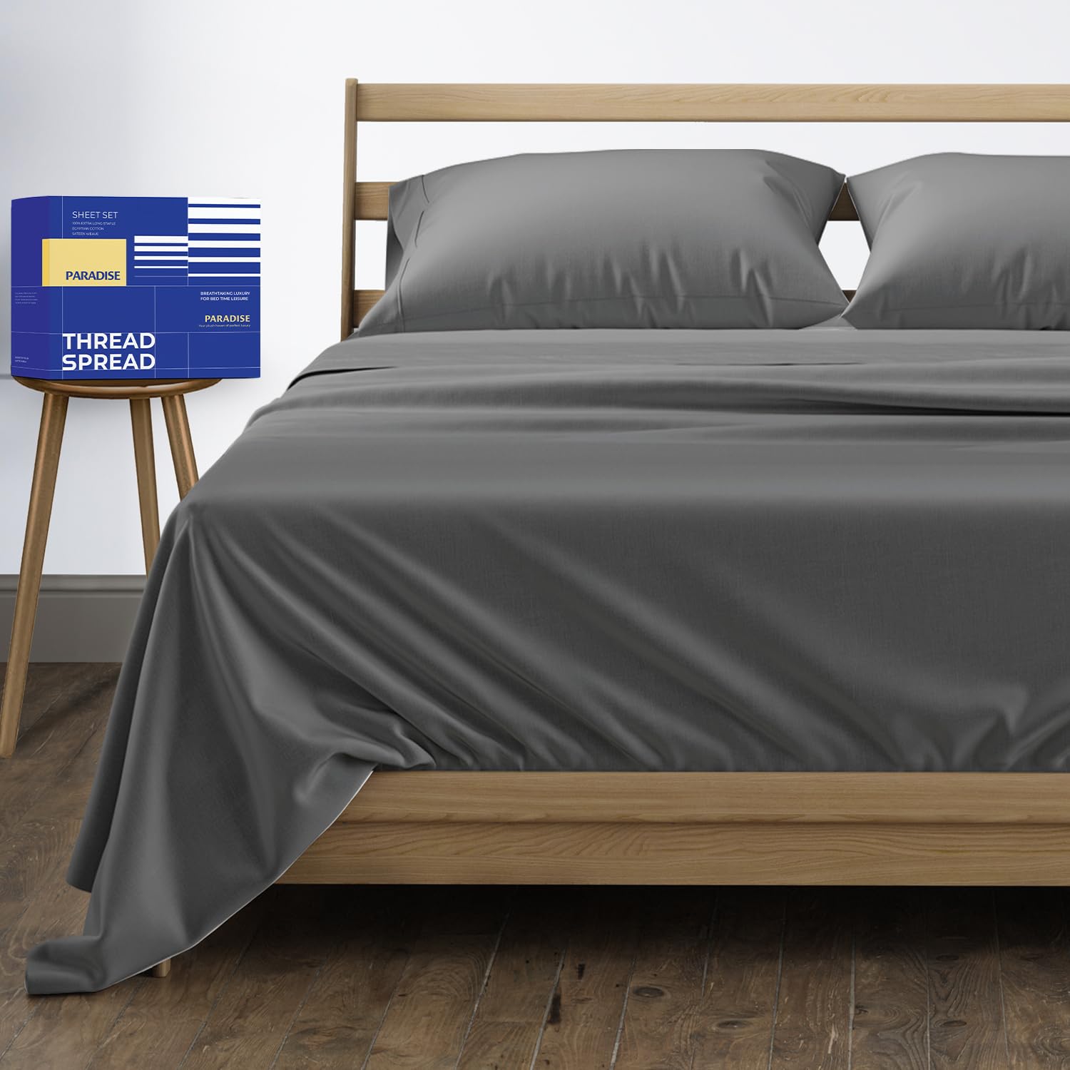 THREAD SPREAD True Luxury 100% Egyptian Cotton - Genuine 1000 Thread Count 4 Piece Sheet Sets - Fits Mattress Upto 18'' Deep Pocket (King, Dark Grey)