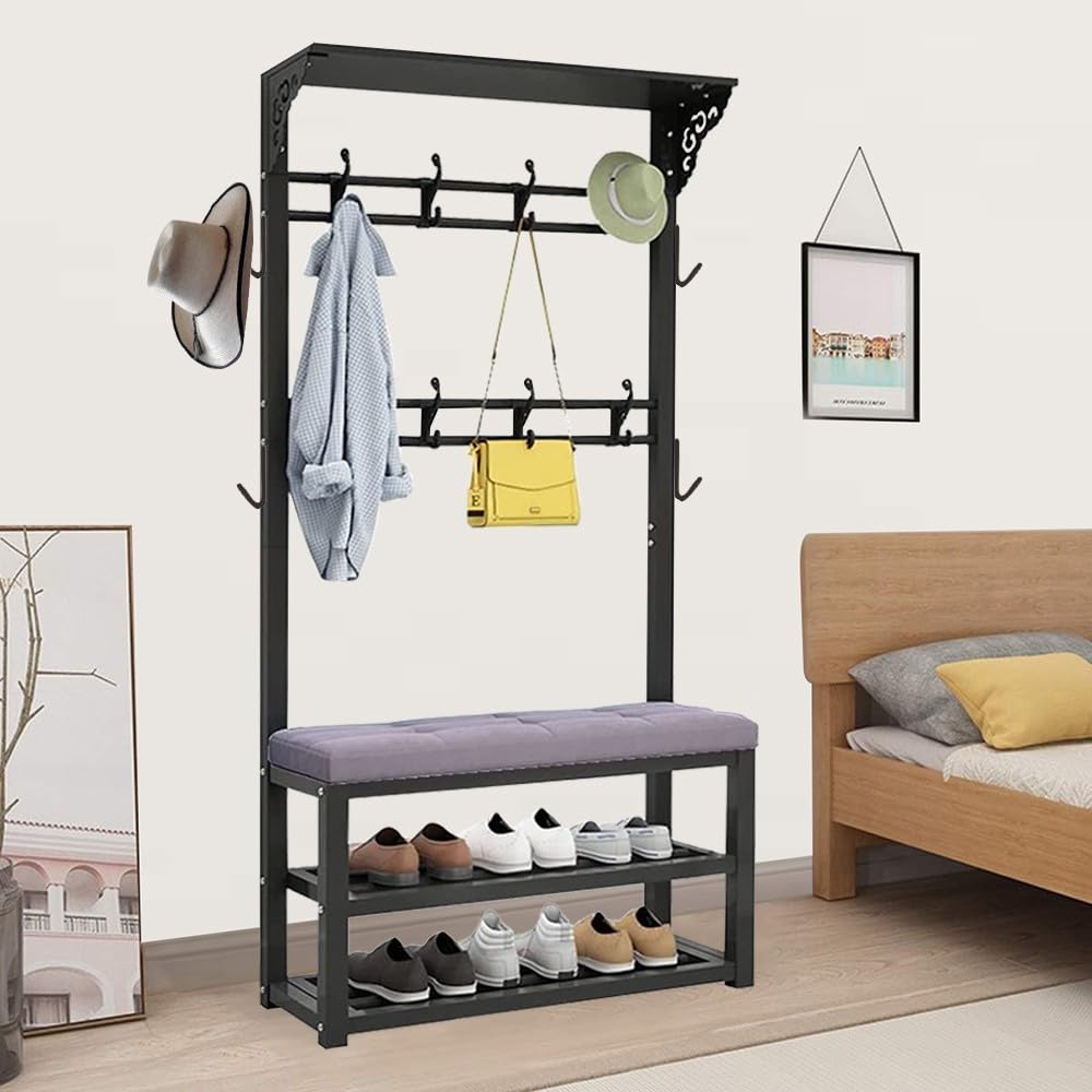 MYUYEE Industrial Coat Rack With Shoe Bench Entryway Coat Stand With Hooks Free Standing Hall Tree Maximum Load Capacity 100Kg For Living Room,Hallway, Bedroom, Entrance(A-80Cm)
