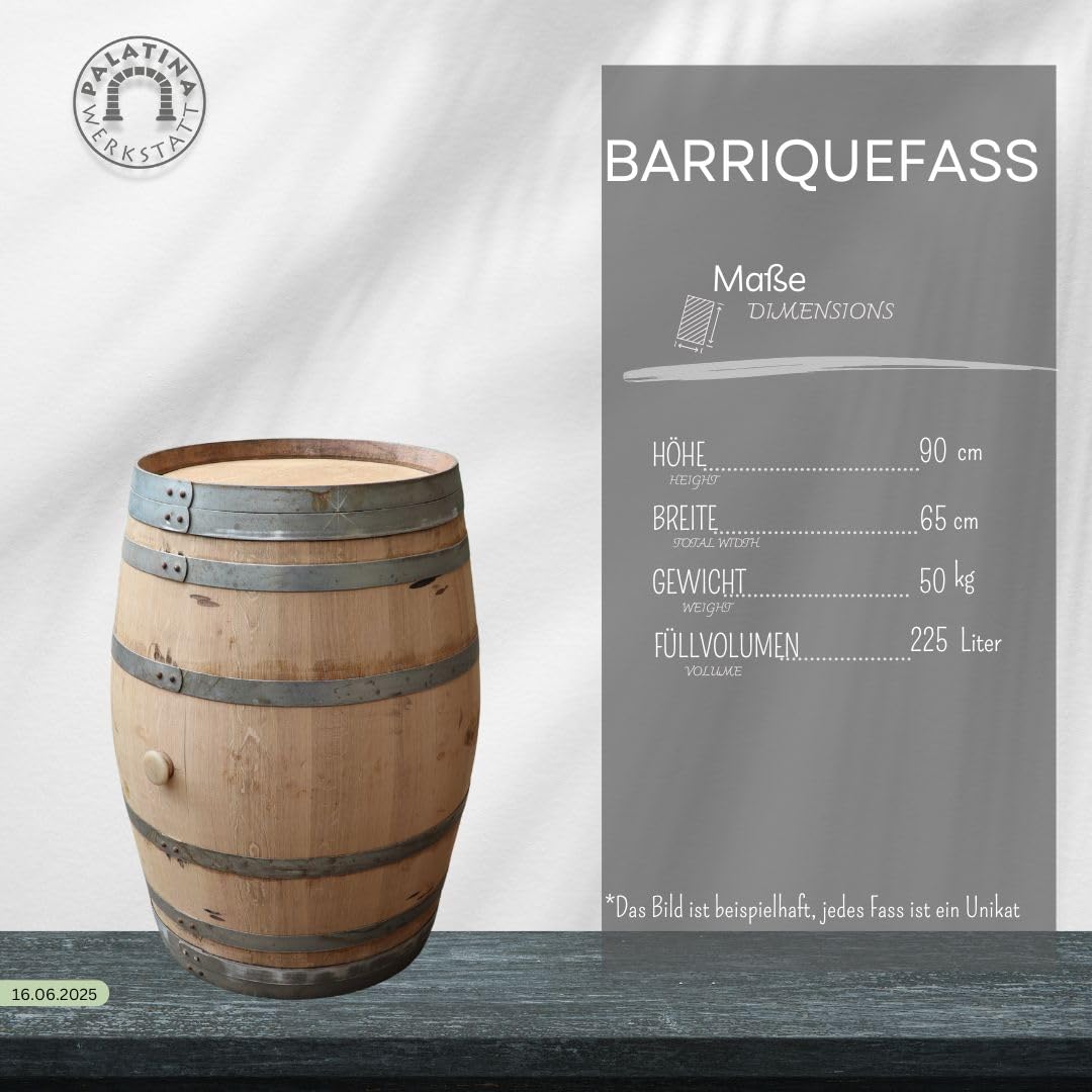 Barrica de vino auténtica de roble para decoración de jardín, de 225 litros