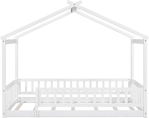 Miniatura 19 de Harper & Bright Designs Cama Montessori de tamaño matrimonial, cama de piso para niños con barandilla de valla, marcos de cama matrimonial de madera