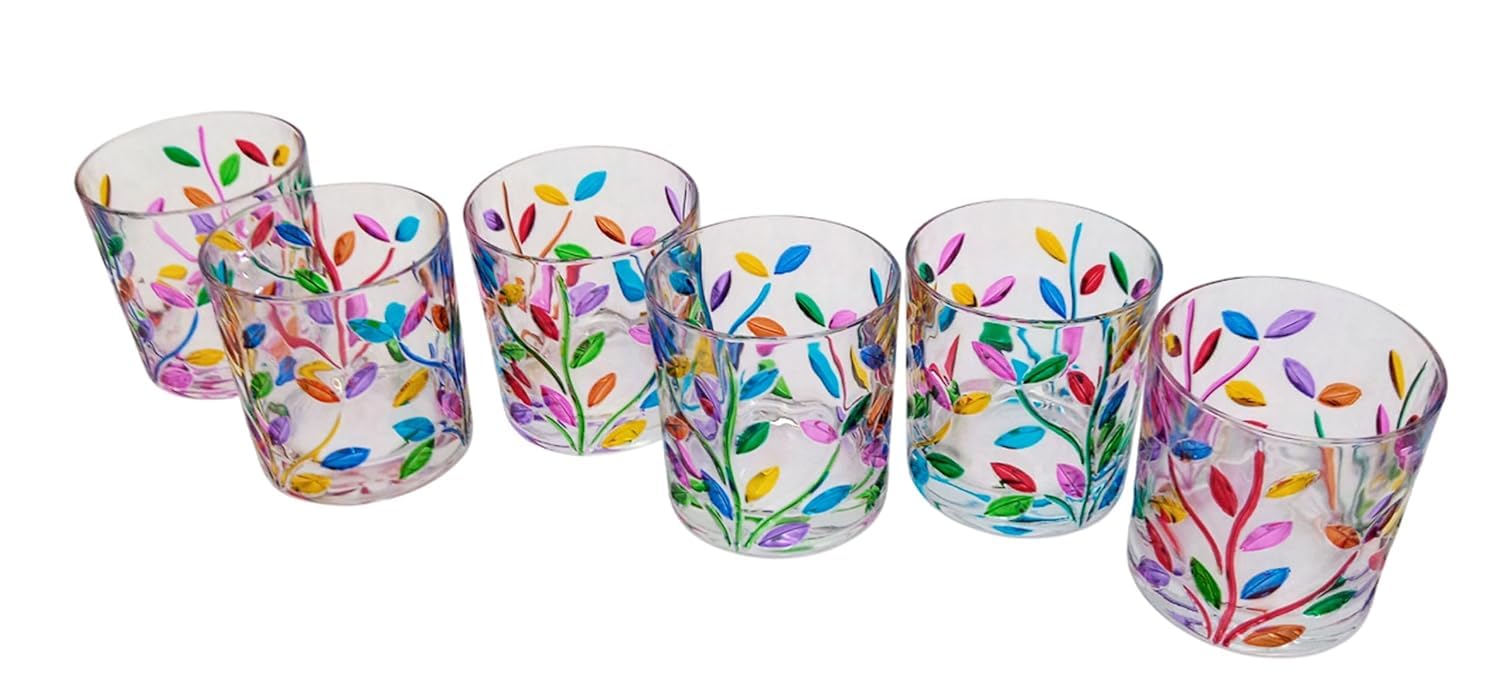 Perle d'Arte Set mit 6 Gläsern Laurus 33 cl Multicolor Kristall Handbemalt Tumbler Murano Style Venedig