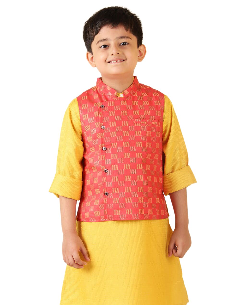 fabindia Boy's Red Viscose Blend Sleeveless Nehru Jacket (100039401-picture-25