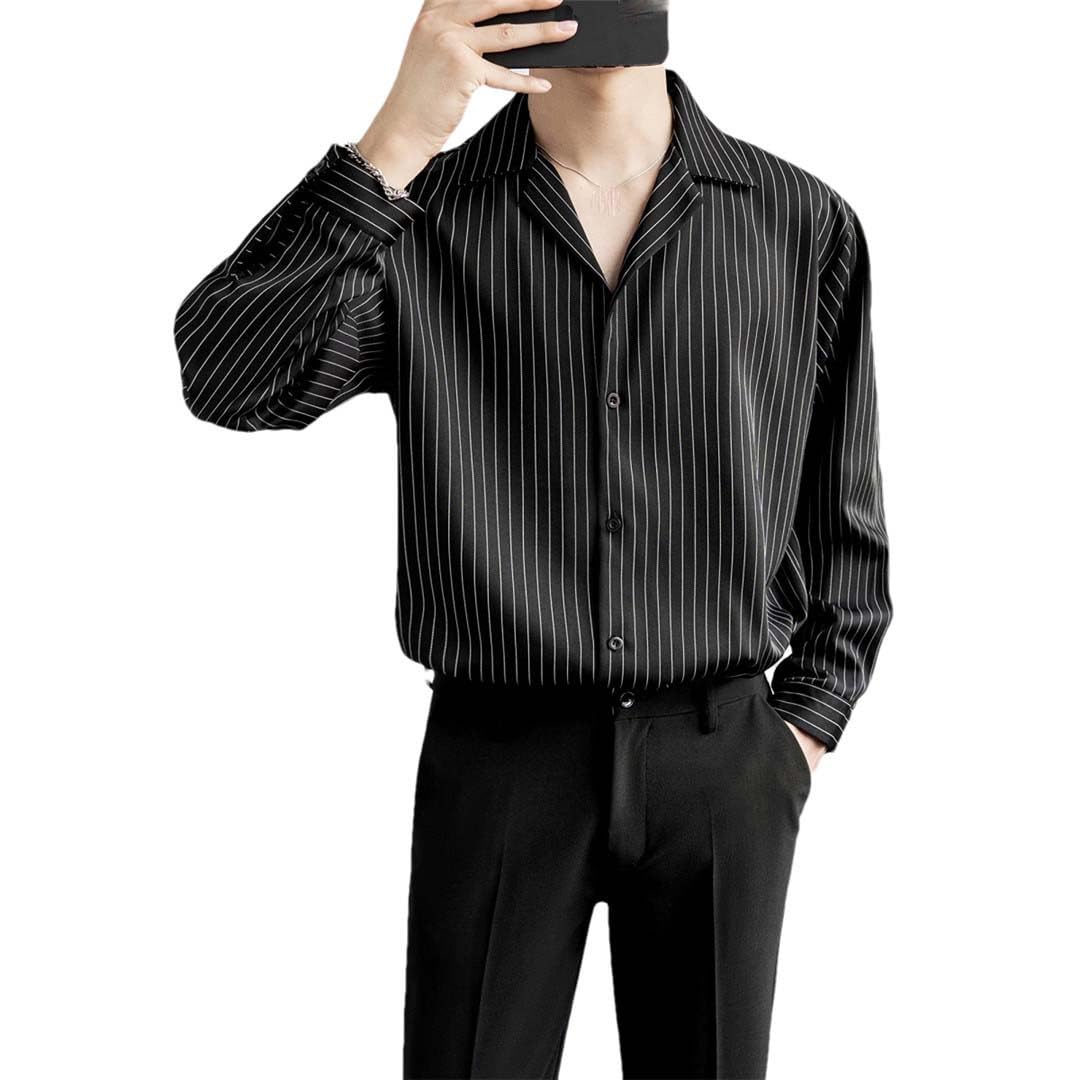 Yeuyyben Camicia A Maniche Lunghe con Scollo A V A Maniche Lunghe da Uomo con Colletto Cubano Vintage