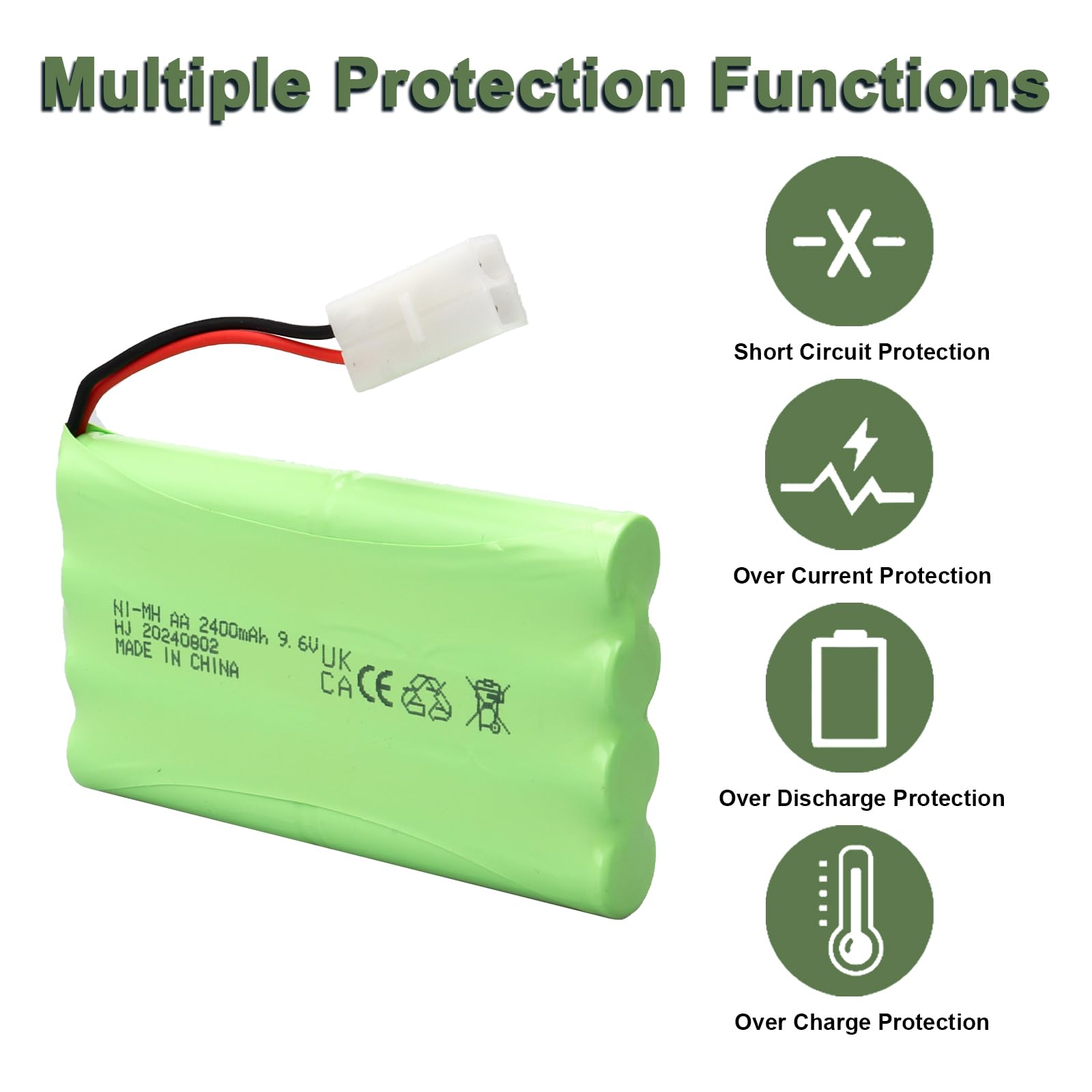 Batteria NiMH ricaricabile MXJFYY da 9,6 V e 2400 mAh, compatibile con auto giocattolo RC/RC, buggy, barche, elicotteri, aeroplani, pistole Airsoft