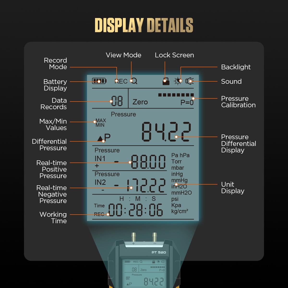 Manómetro digital PT520 Manómetros diferenciales de doble entrada Manómetro HVAC portátil con varios adaptadores, 11 mediciones, 29 capacidad de almacenamiento -100~200Kpa Pantalla LCD