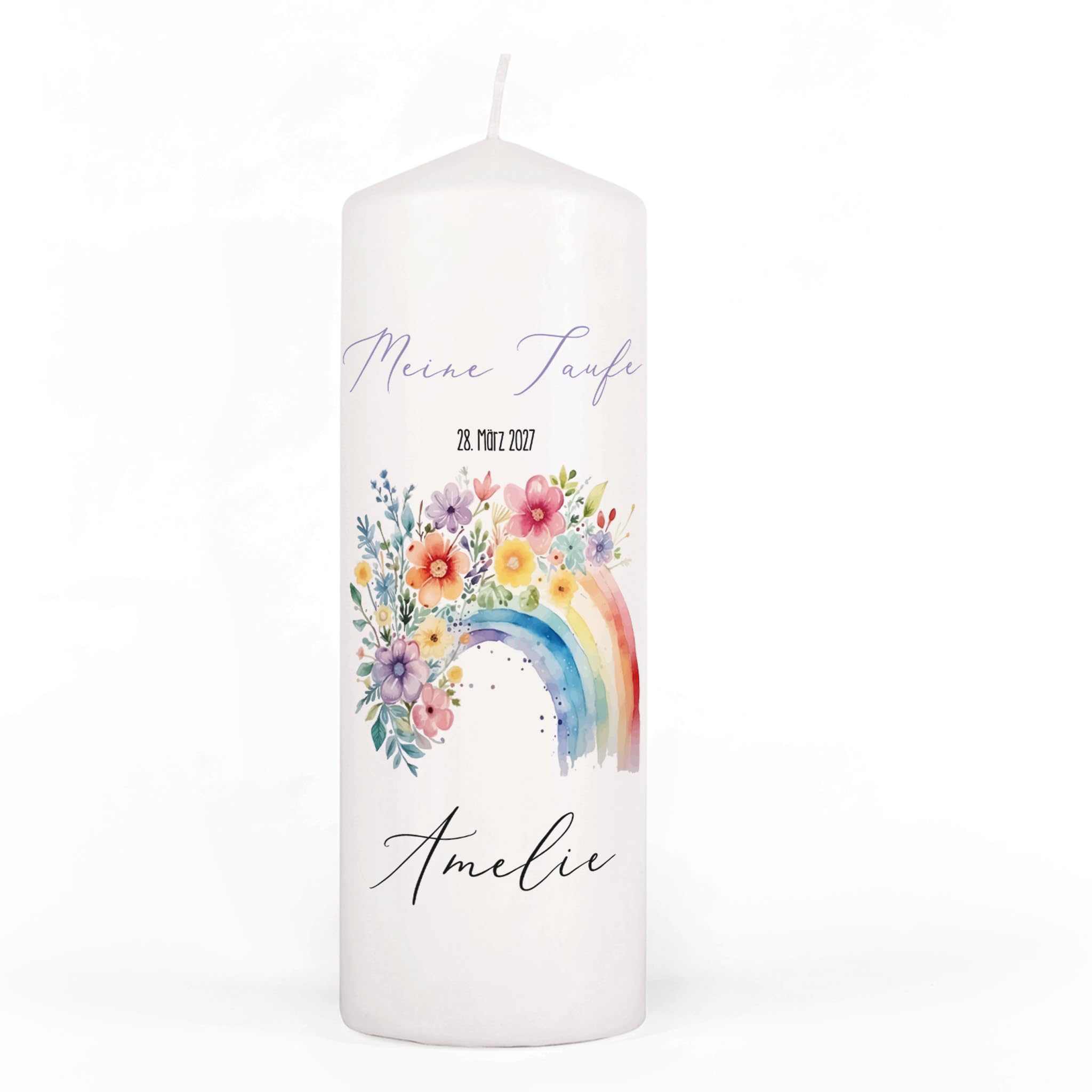 Striefchen® Personalisierbare Kerze zur Taufe, Kommunion oder Firmung – Regenbogenmotiv mit Wunschtext – Weiß – Größenauswahl – Geschenkidee religiöse Anlässe (7 x 20 cm (Ø/H))
