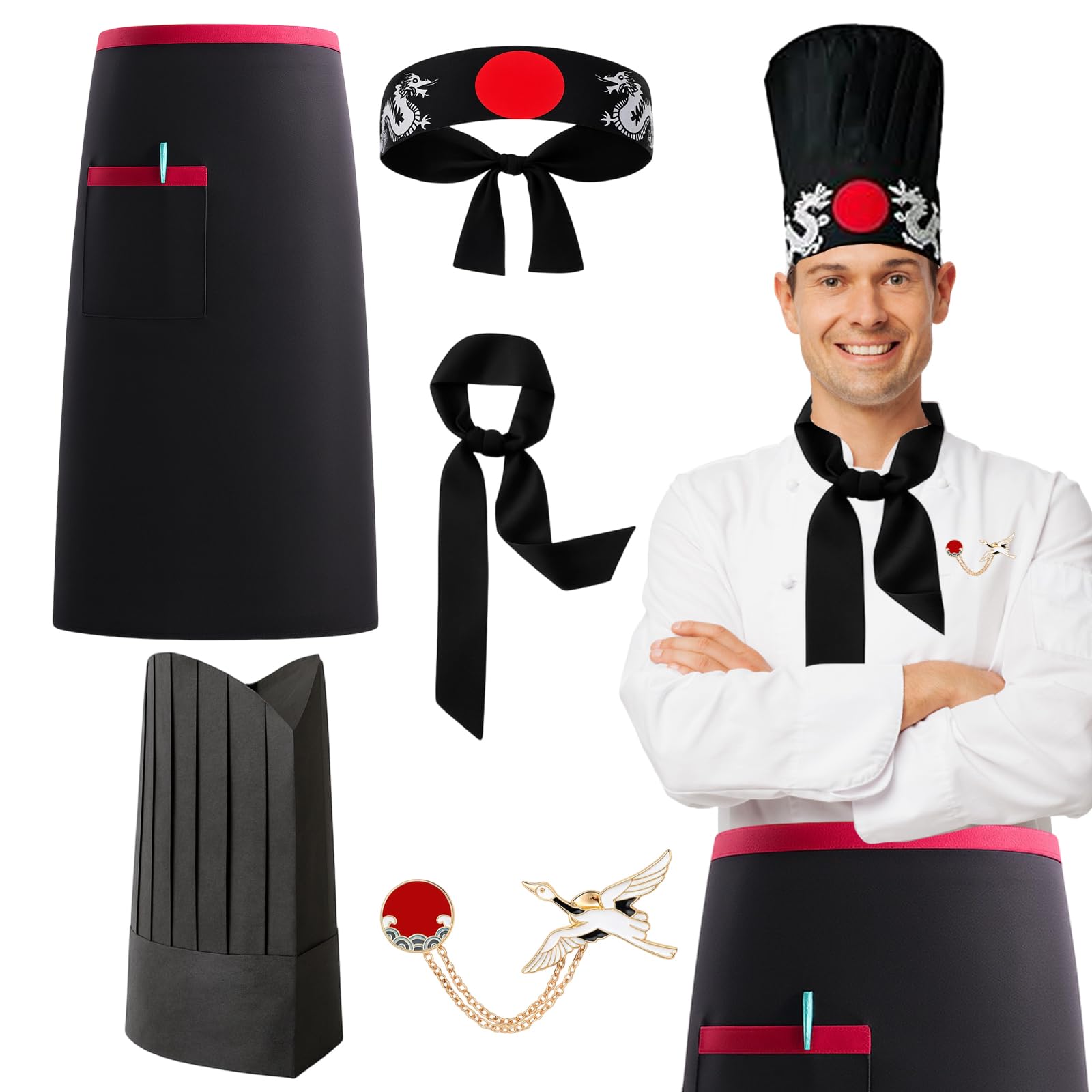 WNXBFO 5Pcs Chef Costume, Japanese Chef Outfit with Hat, Chef Hat, Headband, Tie, Apron and Brooch, Ideal for Cooking Cosplay