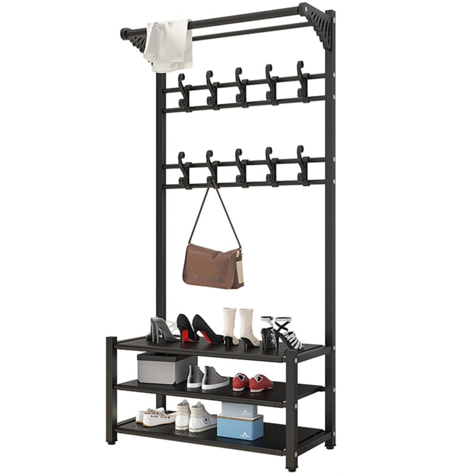 Banc à chaussures pour entrée 4 en 1 avec portemanteau en métal noir