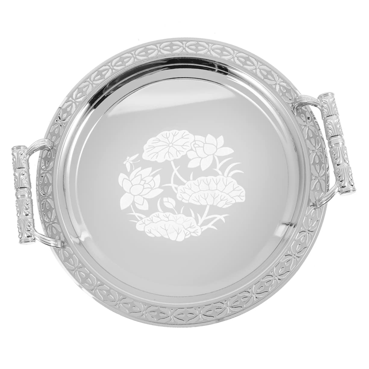 Vassoio Rotondo Decorato in Acciaio Inox e Plastica Argento