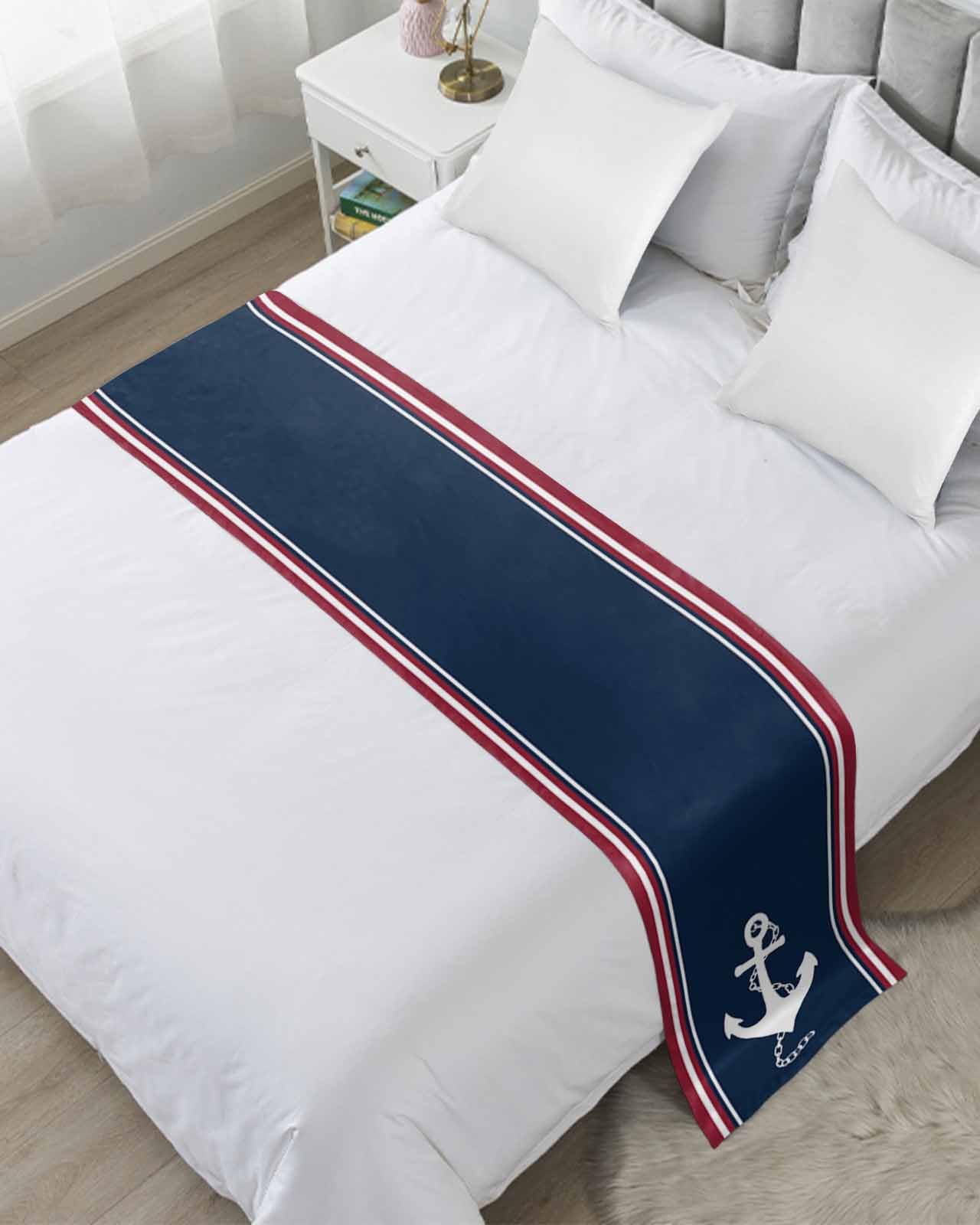 Bed Runner Nautical Anchor Bedding Scarves Soft Decorative Bed Flag Navy Blue Red Stripes Bed Runners for King Size Bed Home Hotel Bedroom Decorations Bed Throws for Foot of Bed Scarf Protector 20x94