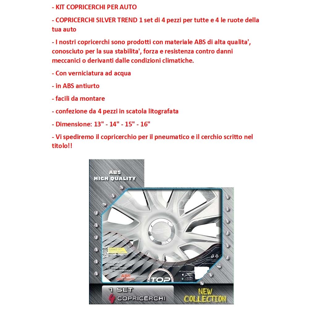 COPRICERCHI PER AUTO CON CERCHIO DA 15 POLLICI PER PNEUMATICO 165/65 R15 CC971 KIT COPPE RUOTE COPRICERCHIO SILVER GRIGIO ARGENTO 1 SET DI 4 PEZZI CON MATERIALE ABS VERNICIATURA AD ACQUA