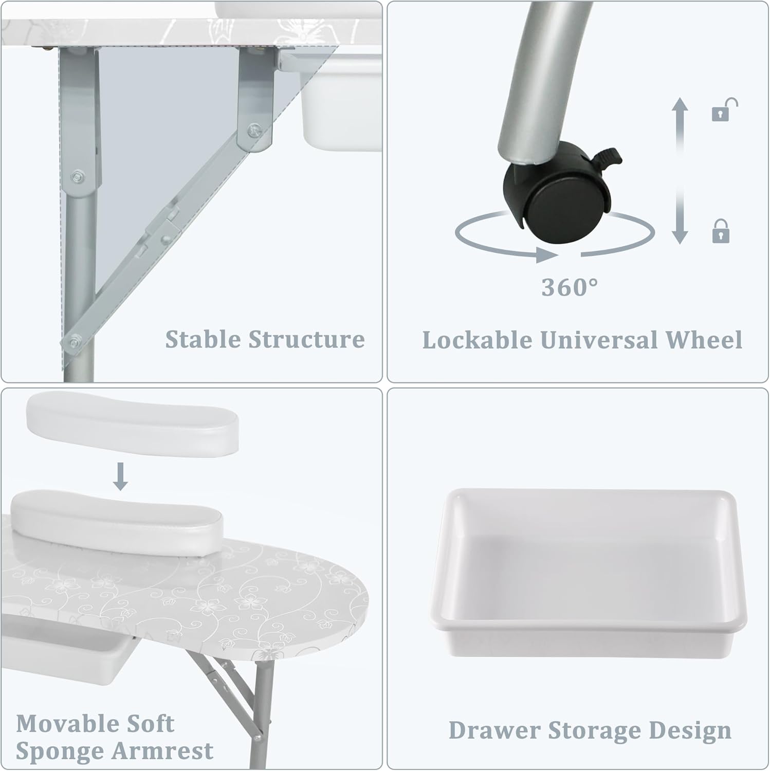 Whalefall Portable Manicure Nail Table, Foldable Manicure Table with Drawer, LED Lamp, 4 Lockable Wheels and Carry Bag, Professional Nail Desk with Wrist Cushion (White, 30" H)