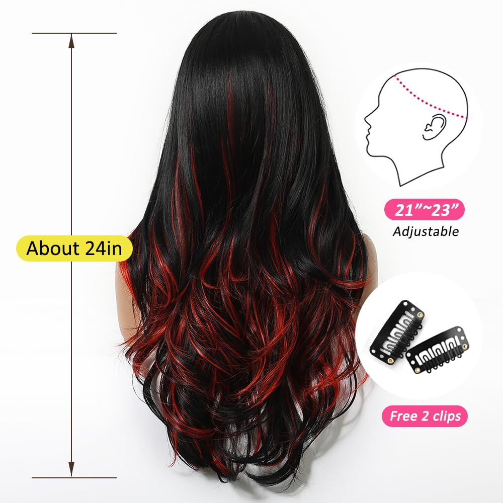Parrucca nera con ciocche rosse per donne, parrucca lunga e mossa con frangia, capelli naturali in fibra sintetica per l'uso quotidiano, feste e Cosplay