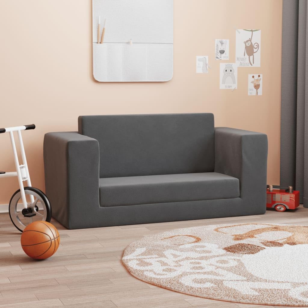 Sofa do spania dla dzieci 2-osobowa, antracytowa, miękki plusz, wygodny mebel do pokoju dziecięcego, do spania, zabawy i czytania