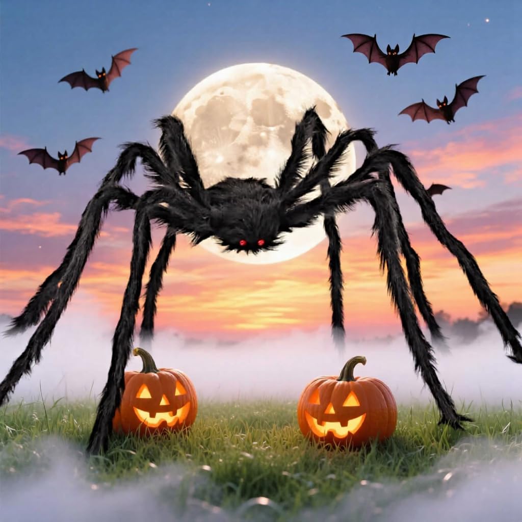 Cromaxa Black Giant Halloween Spider Decorations 1.5M - Extra Large Life Size Spooky Spiders Fake Hairy Realistic Big Spider With Red Eyes For Outdoor/Indoor Halloween Party Props Decor (150Cm)
