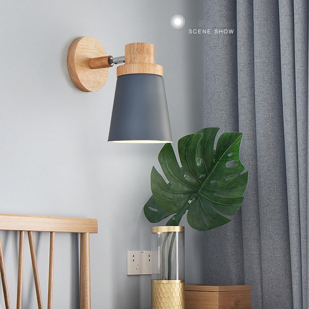Lampada da Parete Moderna a Batteria con Telecomando in Legno, Stile Industriale, Senza Fili, Ricaricabile Tramite USB, Ideale per Comodino o testiera del Letto, Colore Grigio.