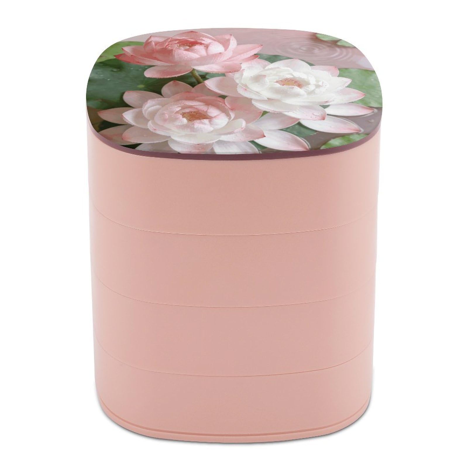 LZQPOEAS Pink And White Lotus Flower Jewelry Box Women Jewelry Organizer Travel Jewelry Case Cute Necklace Ring Storage Organizer 4-Layer Rotating Jewelry Tray Case with Mirror for Bracelets